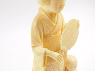 A Japanese Tokyo School ivory okimono, of a geisha with fan, child and toy, signed Kosshi (?), to the base,Taisho period, 16.5cm high. - 4