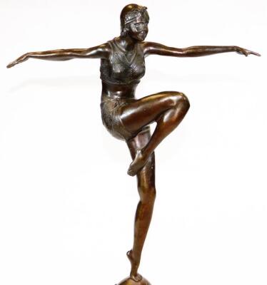 After Philipp. An Art Deco style bronzed and marble finish figure of dancing girl with arms outstretched and knee raised, on a dome foot with cylindrical stepped partially ebonised base, signed, 57cm high. - 2