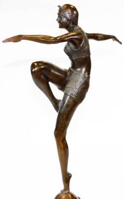 After Philipp. An Art Deco style bronzed and marble finish figure of dancing girl with arms outstretched and knee raised, on a dome foot with cylindrical stepped partially ebonised base, signed, 57cm high. - 3