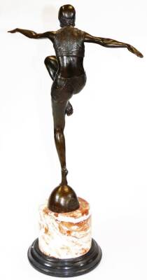 After Philipp. An Art Deco style bronzed and marble finish figure of dancing girl with arms outstretched and knee raised, on a dome foot with cylindrical stepped partially ebonised base, signed, 57cm high. - 4