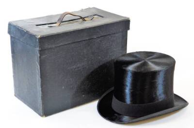 A Cope Brothers top hat in black, with interior label and case, 14cm high, interior measurements approx 21cm x 16cm, together with an overcoat and striped trousers. - 4