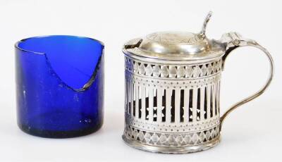 Various silver cruet items, pepper pots, salt pots, large perfume bottle with plated lid and glass stopper, Edwardian silver mustard pot with blue glass liner, partially engine turned, 5cm high, and six other items, some with liners, 8.5oz all in. (a quan - 5