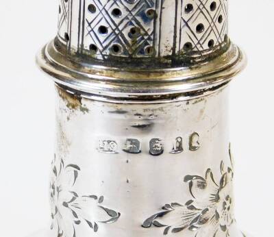 A George III silver caster, with pierced domed lid, urn finial, bellied circular body decorated with flowers on an inverted stem and circular foot, London 1792, 15cm high, 3oz. (AF) - 2