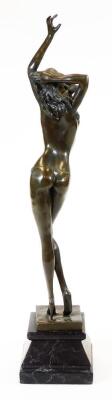 An Art Deco style bronze finish figure of a nude lady, in standing pose with left arm outstretched, on a stepped and inverted marble finish base, indistinctly signed to the back, 58cm high, - 3