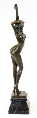 An Art Deco style bronze finish figure of a nude lady, in standing pose with left arm outstretched, on a stepped and inverted marble finish base, indistinctly signed to the back, 58cm high, - 4