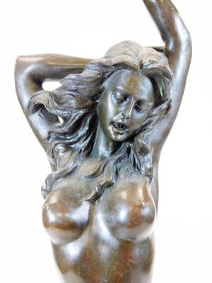 An Art Deco style bronze finish figure of a nude lady, in standing pose with left arm outstretched, on a stepped and inverted marble finish base, indistinctly signed to the back, 58cm high, - 5