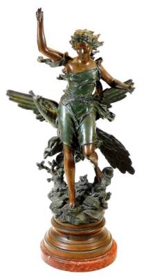 A late 19thC Stincelle Divine cast metal figure of a lady, before peacock on a naturalistic base with red marble finish plinth, titled, 64cm high.