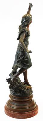 A late 19thC Poesie Lyrique cast metal figure of a lady scantily dressed, aside cherub, on a naturalistic base, with red marble finish, titled plinth, 65cm high. - 4