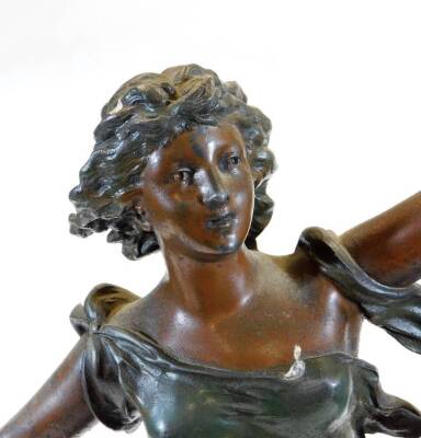 A late 19thC Poesie Lyrique cast metal figure of a lady scantily dressed, aside cherub, on a naturalistic base, with red marble finish, titled plinth, 65cm high. - 5