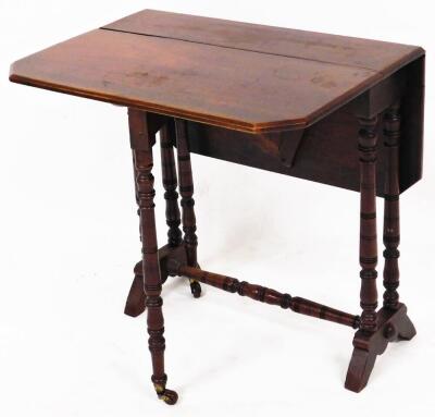 An early 20thC Sutherland table, the canted top raised on turned supports terminating in shaped feet joined by a horizontal turned stretcher, (when closed) 60cm high, 55cm wide, 16cm deep. - 2