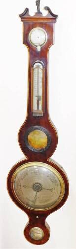 Pechner Lincoln. A late 19thC mahogany five dial banjo barometer, in a swan neck pedimented case, with a boxwood stringing, with thermometer three circular dials and silvered 18cm diameter main dial, in fitted case, signed, 93cm high. (AF)