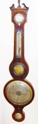 Pechner Lincoln. A late 19thC mahogany five dial banjo barometer, in a swan neck pedimented case, with a boxwood stringing, with thermometer three circular dials and silvered 18cm diameter main dial, in fitted case, signed, 93cm high. (AF)