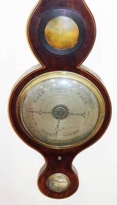 Pechner Lincoln. A late 19thC mahogany five dial banjo barometer, in a swan neck pedimented case, with a boxwood stringing, with thermometer three circular dials and silvered 18cm diameter main dial, in fitted case, signed, 93cm high. (AF) - 2