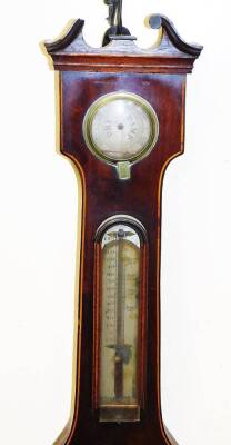 Pechner Lincoln. A late 19thC mahogany five dial banjo barometer, in a swan neck pedimented case, with a boxwood stringing, with thermometer three circular dials and silvered 18cm diameter main dial, in fitted case, signed, 93cm high. (AF) - 3