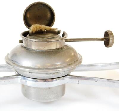 An early 20thC silver plated brandy pan warming set, comprising various pans with plain handles, on an oval stand with turned handles and removable burner beneath, the stand 29cm wide. (AF) - 3