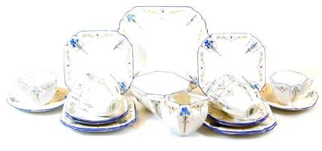 A mid 20thC Shelley 11561 Queen Anne Blue Iris pattern part tea service, comprising sandwich plate 22cm wide, milk jug, sugar bowl, six cups, six saucers and six side plates, printed marks beneath. (a quantity)