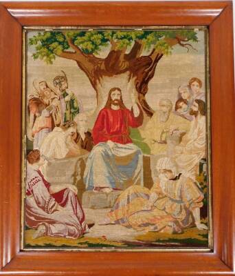 A 19thC embroidery by Lydia Win Bavin, approximately at the age of thirteen, Religious scene, Christ before trees with Disciples, 80cm x 70cm, in shaped mahogany frame. - 2