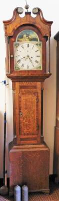 A 19thC oak and mahogany longcase clock, with swan neck pedimented hood, set with brass roundels and an urn finial, raised above a shaped trunk door with a wide cross banding, flanked by quarter columns, the whole raised on stylised ogee bracket feet, wit - 2