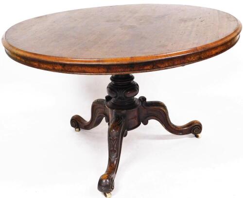 A 19thC tilt top mahogany breakfast table, the plain circular top with a moulded outline on a heavily carved compressed baluster stem, terminating in triple cabriole legs with acanthus capped leaves and scroll feet, when raised 147cm high, the top 122cm d