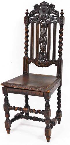 A 19thC ebonised oak Carolean chair, the cresting rail set with two lions with central shield, above a vertical floral splat, flanked by vertical columns and barley twist supports, on a plain boarded seat, with double baluster front legs joined by horizon