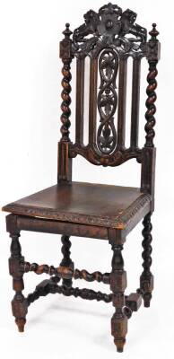 A 19thC ebonised oak Carolean chair, the cresting rail set with two lions with central shield, above a vertical floral splat, flanked by vertical columns and barley twist supports, on a plain boarded seat, with double baluster front legs joined by horizon