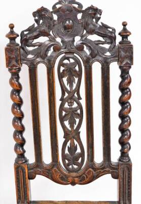 A 19thC ebonised oak Carolean chair, the cresting rail set with two lions with central shield, above a vertical floral splat, flanked by vertical columns and barley twist supports, on a plain boarded seat, with double baluster front legs joined by horizon - 2