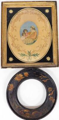 An early 19thC silk embroidery, figure playing pipes before children, with an embroidered and glazed outline with gilt highlights in a gilt wood beaded frame, 48cm x 41cm, and a further late 19thC circular ebonised frame painted with flowers and birds. (2