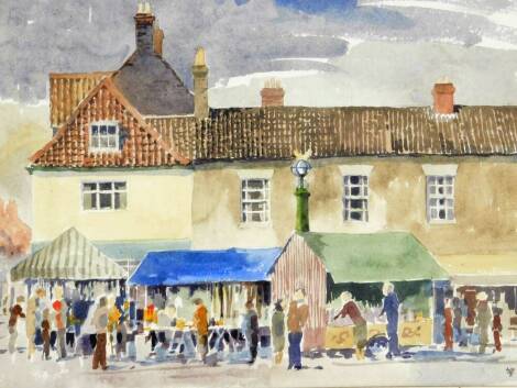 AEB (fl.1978). Street scene with figures, market and houses, watercolour, monogrammed and dated, 25cm x 35cm.