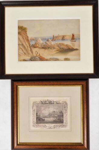 19thC Continental School. Figures on rocks on a beach before boats drying sails, with castle in the distance, watercolour, unsigned, 24cm x 33cm, a framed book plate Windsor Castle Berks. (2)