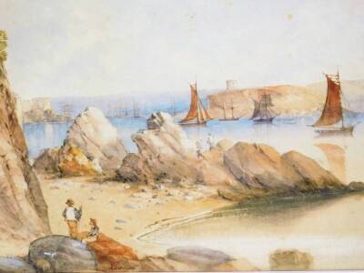 19thC Continental School. Figures on rocks on a beach before boats drying sails, with castle in the distance, watercolour, unsigned, 24cm x 33cm, a framed book plate Windsor Castle Berks. (2) - 2