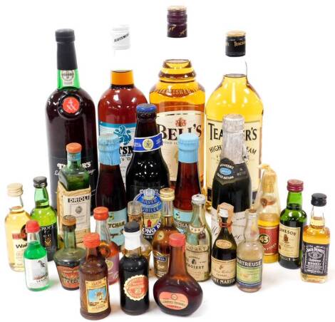 Various alcohol, a bottle of Bell's Scotch whisky 1L, Teacher's Highland cream blended, Scotsmac, Wham's Dram, a bottle of Taylor's 1979 port and various miniature alcohol bottles to include Jack Daniels, etc. (a quantity)