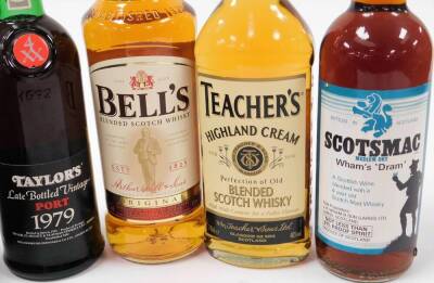 Various alcohol, a bottle of Bell's Scotch whisky 1L, Teacher's Highland cream blended, Scotsmac, Wham's Dram, a bottle of Taylor's 1979 port and various miniature alcohol bottles to include Jack Daniels, etc. (a quantity) - 2