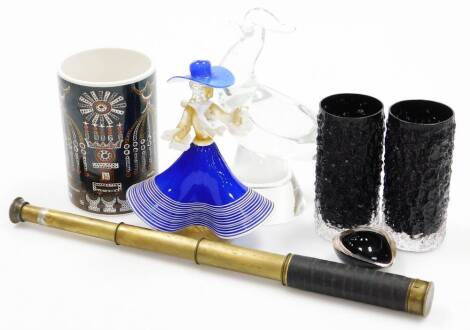 A pair of Whitefriars style bark glass vases, in black, 14cm high, various Continental glassware, a signed dish of small proportion, cockerel, Portmeirion jar and a brass three draw telescope of cylindrical form with lens cap.