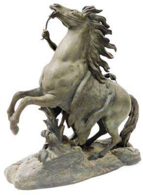 A late 19thC spelter classical Marley horse figure group, of rearing horse and classical semi clad figure on shaped base, 60cm high. - 2