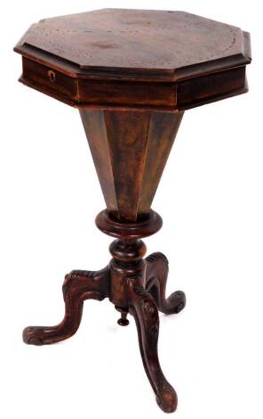 A 19thC walnut conical work table, the octagonal top raised on a shaped stem, terminating in triple carved cabriole legs, 73cm high, 43cm wide, 43cm deep.