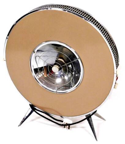 A vintage Art Deco Flying Saucer Sofono heater, serial no. 617ABB, design no. 895339 on spoked legs, with side label and electrical feature, 69cm high.