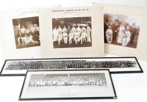 A photographic print of Stockport Cricket Club, second eleven season 1920, a further Stockport Cricket Club third eleven, 1920, a further early 20thC portrait photograph of a wedding scene, a photograph of The Employees of The National Coal Board and a sc