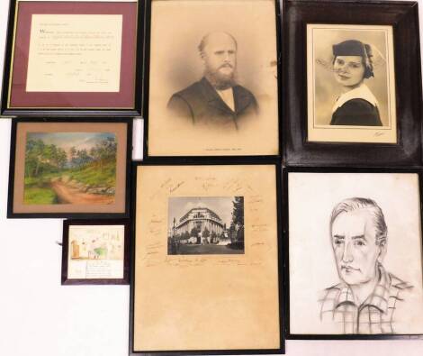 Various pictures photographic prints, etc., a 19thC Bologna ditty, 14cm x 14cm, in square frame, NFC pastel, photographic portrait prints, etc., various signatures, etc. (a quantity)