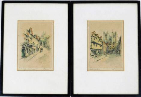 Majorie C Bates (1882-1962). The Jews House and Exchequer Gate Lincoln, hand touched print, signed and titled, 18cm x 13cm. (2)