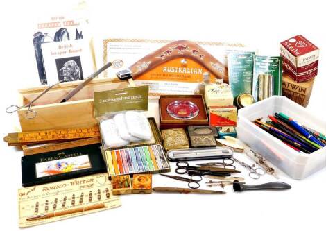 Various bygones collectables, pens, pencils, ink pads, 9cm wide, various ephemera, etc. (a quantity)