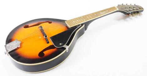 A late 20thC Stagg mandolin, model M-20 in a bicoloured case with eight chrome finish tuning knops, 72cm wide, with an associated music canvas case.