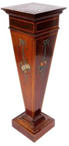 An Edwardian mahogany boxwood strung and partially painted Sheraton revival pedestal, of square tapering form with a square top profusely decorated with flowers, on a stepped base, 111cm high, 38cm wide, 36cm deep.