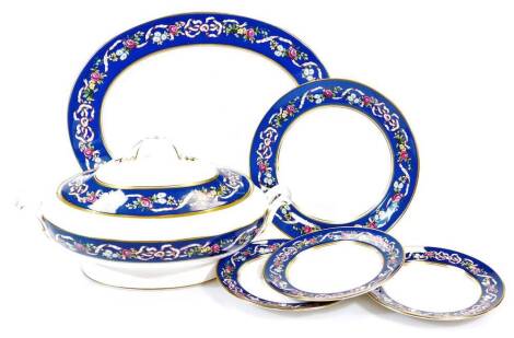 A Spode Ribbons and Roses part service, comprising lidded tureen, 28cm wide, oval serving platter, plate and two side plates. (a quantity)