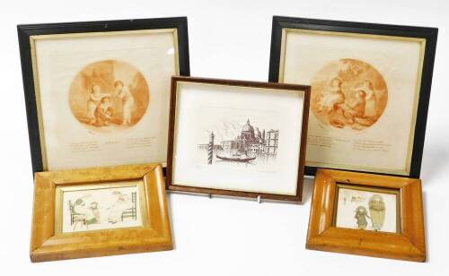 Various frames, etc., a birds eye maple frame, with Kate Greenaway style figure group, print 19cm x 18cm, a further rectangular maple frame, other prints, pictures, etc. (a quantity)