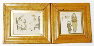 Various frames, etc., a birds eye maple frame, with Kate Greenaway style figure group, print 19cm x 18cm, a further rectangular maple frame, other prints, pictures, etc. (a quantity) - 2