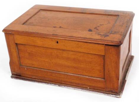 A late 19thC mahogany specimen cabinet, of rectangular form with panelled lid, revealing various fixed and pull out shelves on a rectangular block base, 26cm high, 54cm wide, 34cm deep.