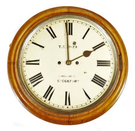 T Glover, Stockport. A 19thC oak cased wall clock, with a 33cm diameter Roman numeric stencilled dial and a double fusee, eight day movement, with pendulum, 41cm diameter. (AF)