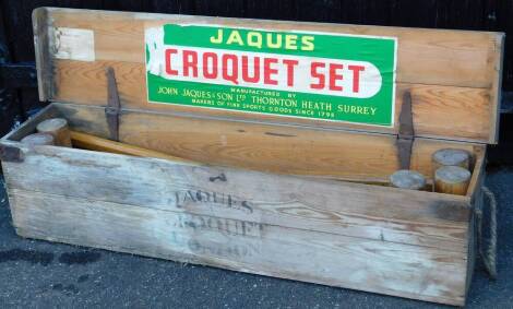 A Jaques pine cased croquet set, to include mallets, balls, hoops, etc., the case 110cm wide.