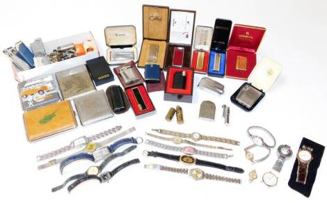 Various Zippo and other pocket lighters, wristwatches, cigarette cases to include Samba 9cm wide, etc. (a quantity)