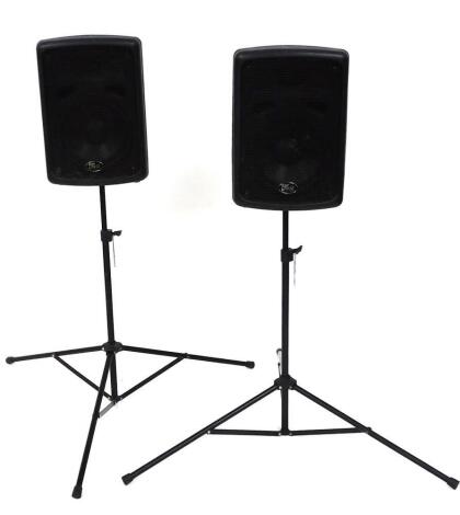 A Volt 100 watt PA system, comprising two speakers, 42cm high, with stands.